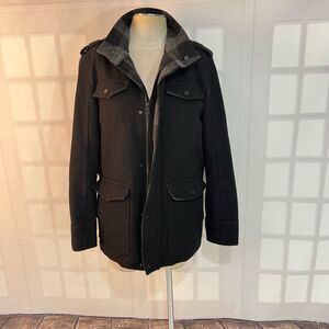 Guess Black Wool Blend Full Zip Insulated Quilted Military Car Coat Size Medium